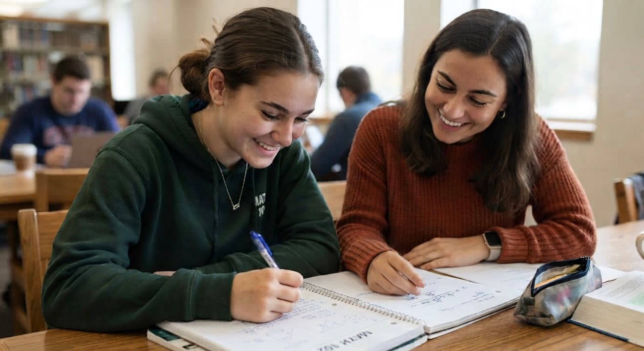 Une lycéenne et sa coach étudiante travaillent ensemble