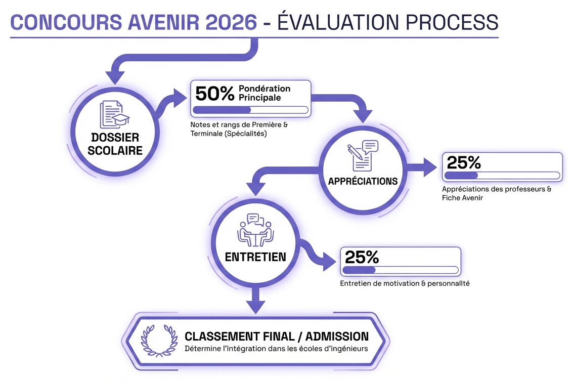 Infographie montrant les étapes d'évaluation du concours Avenir 2026.