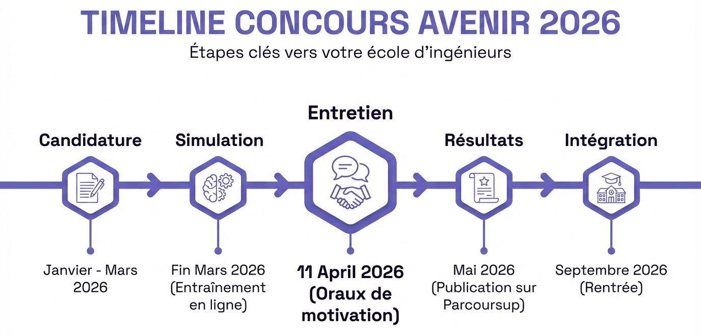 Chronologie des étapes clés du concours Avenir 2026.